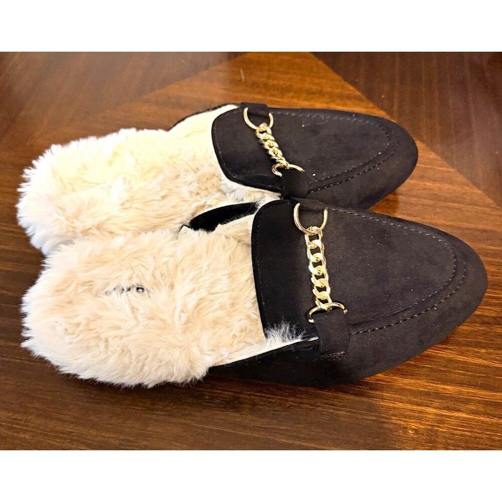 Women's Faux Fur Lined Mule Slippers Chain Accent Black/Ivory US 8 Torrid